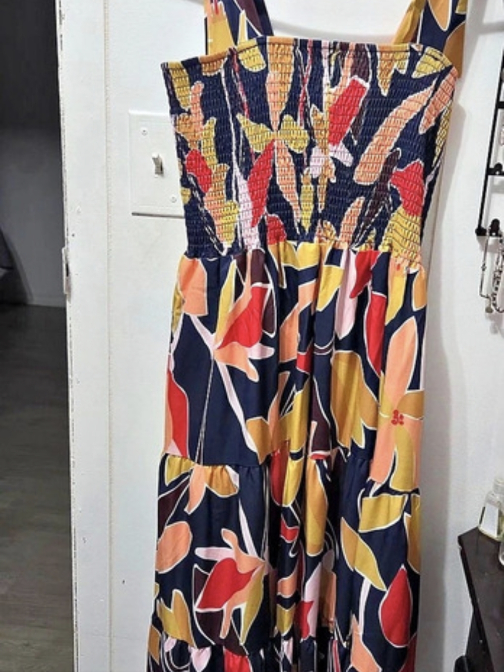 Abstract Print Smocked Maxi Dress in Blue & Red Like New